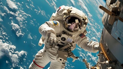 Astronaut at spacewalk. Cosmic art, science fiction wallpaper. Beauty of deep space. Billions of galaxies in the universe.