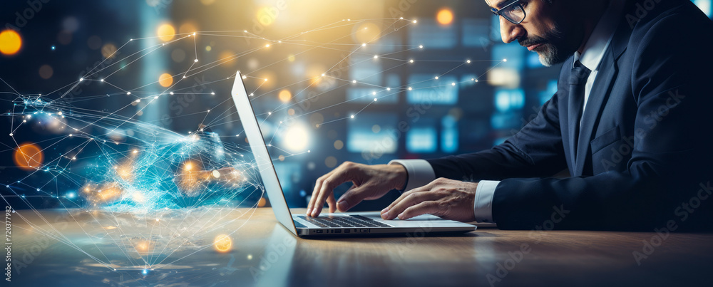 Wall mural businessman working on laptop synchronizing business data with global network, showcasing data trans