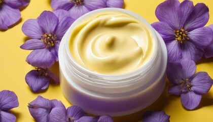 Obraz na płótnie Canvas A jar of cream with purple flowers on the background