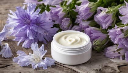 A jar of lotion with purple flowers in the background