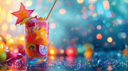 Colorful fruit punch with star-shaped slices and effervescent bubbles.