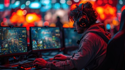 Gamer playing game, World region gaming expo, gaming industry event or gaming competition amusement, with many live-action players