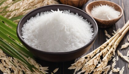 Obraz na płótnie Canvas A bowl of white rice and a bowl of rice grains