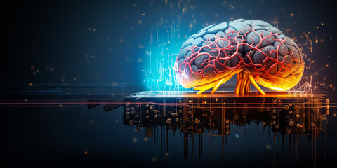 Futuristic human brain juxtaposition with half organic and half circuitry illustrating concepts of artificial intelligence, neural networks, and modern technology - obrazy, fototapety, plakaty