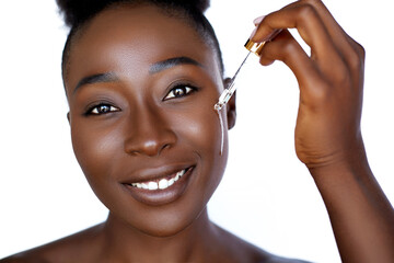 Skin care Tea tree moisturizing and nourishing serum. Close up beauty portrait of African American ...