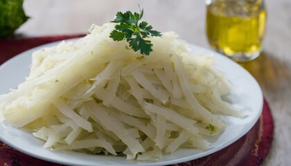A plate of shredded potatoes with a sprig of parsley on top