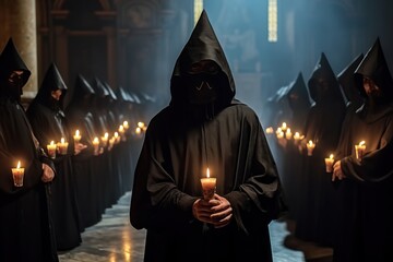 A man in a dark robe and hood holding a candle in a satanic church. Satanism concept. Evil Cult...