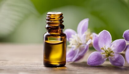 Obraz na płótnie Canvas A bottle of essential oil with purple flowers