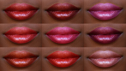 Different pink and red lip gloss colour tints. African female lips with bright colourful make up...