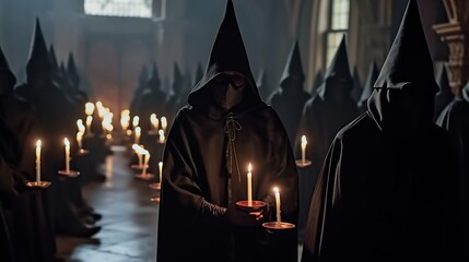 A man in a dark robe and hood holding a candle in a satanic church. Satanism concept. Evil Cult Concept.