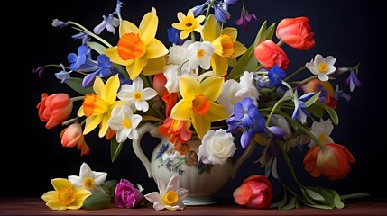 Colorful spring flowers with tulips and narcissus
