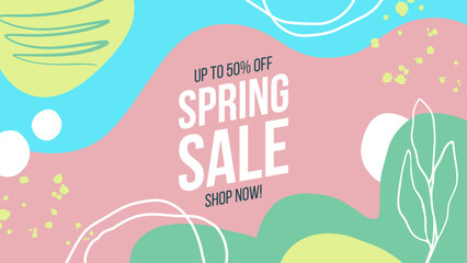 Naklejka premium Spring Sale Commercial Background. Springtime season sale promotional banner. Hand drawn abstract elements. Vector illustration.