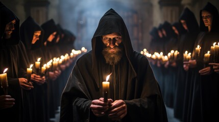 Unrecognizable man in black death costume standing in front of a group of people with candles in...