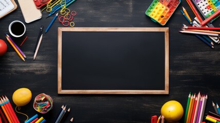 creative double border of school and office supplies on blackboard background
