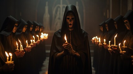Unrecognizable man in black death costume standing in front of a group of people with candles in...