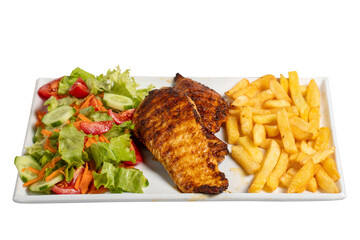 Grilled chicken. Grilled chicken breast with salad and fries isolated on white background.