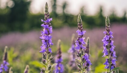 Naklejka premium A field of purple flowers with green leaves