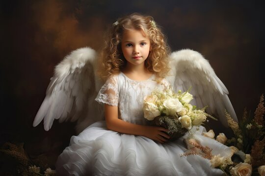 A little angel girl sits in a white dress and holds flowers in her hands.