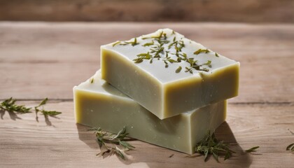 A bar of soap with herbs on top