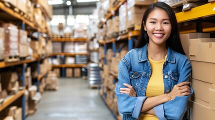 Portrait of female warehouse worker standing in large bright distribution center with ample lighting