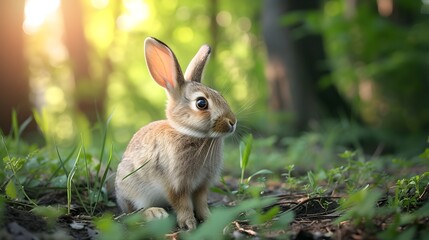 Naklejka na ściany i meble Medium close up shot of rabbit in nature blur background in forest. Generative AI