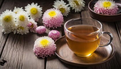 Obraz na płótnie Canvas A cup of tea with flowers on a wooden table