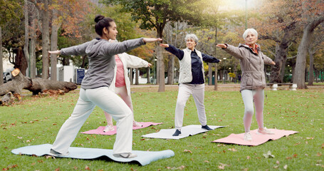 Trainer, park and old women stretching, yoga and fitness for wellness, exercise and pilates training. Female people, senior club and group outdoor, meditation and workout with health and retirement