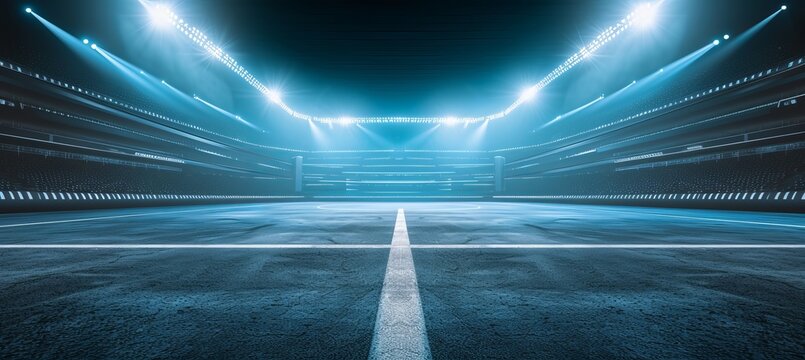 Brightly lit arena with empty boxing ring, set for intense match between skilled fighters.