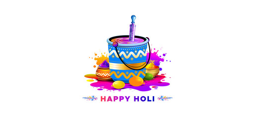 Indian holi festival. Happy Holi text with isolated Colorful color splash, colour pot, bucket and pichkari background.