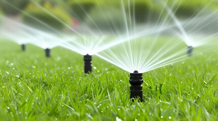 Automatic garden watering systems with sprinklers for lush green lawn in beautiful garden - obrazy, fototapety, plakaty