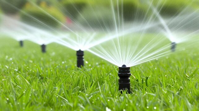 Automatic garden watering systems with sprinklers for lush green lawn in beautiful garden