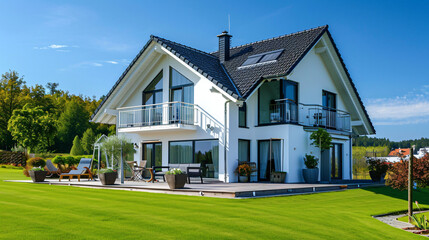 Fototapeta premium Idyllic German Home: Bright Facade with Lush Green Grass in Perfect Weather