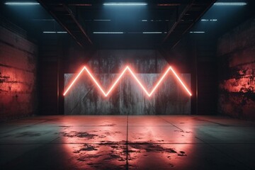 Futuristic stage with neon thunderbolt lights in a grungy concrete room. Generative AI