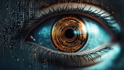 The eye of a cyborg, a human android. The concept of the world of the future