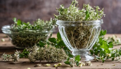 A glass bowl filled with herbs and leaves