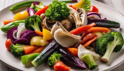 A plate of vegetables including broccoli, carrots, and mushrooms