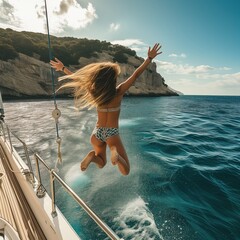 Young woman is jumping in water from yacht