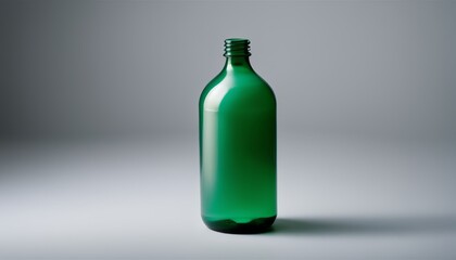 A green glass bottle with a white cap