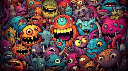 Fototapeta premium colorful doodle cute monsters, Generative AI