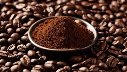 Naklejka premium A bowl of coffee beans on top of a pile of coffee beans