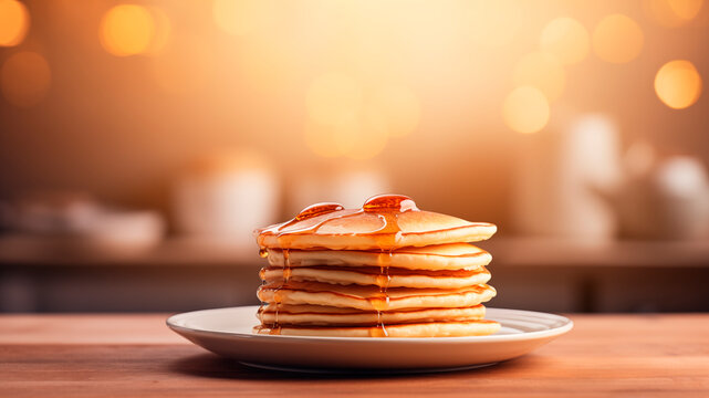 Delicious homemade pancakes in a plate on the kitchen table, close-up. Preparing pancakes, pour honey or syrup over pancakes. Maslenitsa. A stack of pancakes