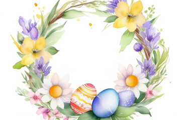 Happy Easter watercolor crown frame with spring flowers, eggs in pastel colors. Greeting card background with copy space