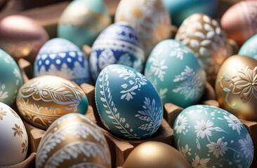 Fototapeta na wymiar Easter vintage painted with gold and pastel blue eggs for celebrating Happy Easter