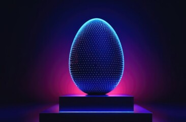 Easter blue egg in tech futuristic style on podium. Glowing abstract 3d egg on dark blue neon background