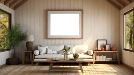 A mockup photo frame hangs on an empty wall in a living room.