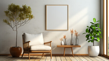 A mockup photo frame hangs on an empty wall in a living room.