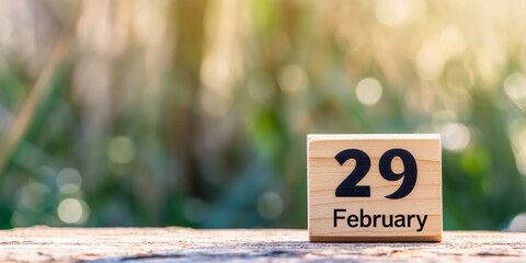 Leap Day : Wooden Block Calendar Displaying February 29 on a Natural Background - obrazy, fototapety, plakaty