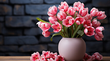A fresh group of pink tulip flower bouquets in a vase in front of the stone wall