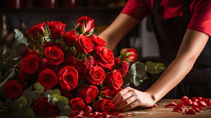 Florist's hands delicately arranging a vibrant bouquet of red roses