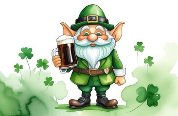 St Patrick's day, watercolor gnome leprechaun with beer mug on clover leaf background, illustration for t-shirt, stickers, designs, poster, greeting cards